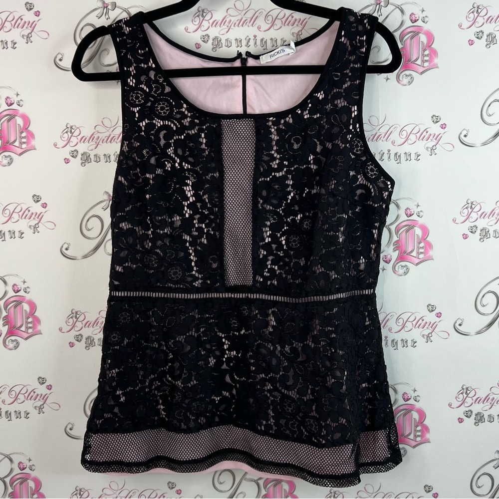 Ricki's tank top shirt zip up peplum Lacie Black and Pink Lace Blouse